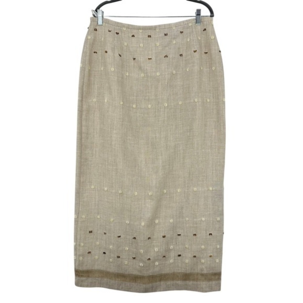 Bianca Nygaard Linen Blend Skirt Beige Brown Embellished Midi Lagenlook Size 16